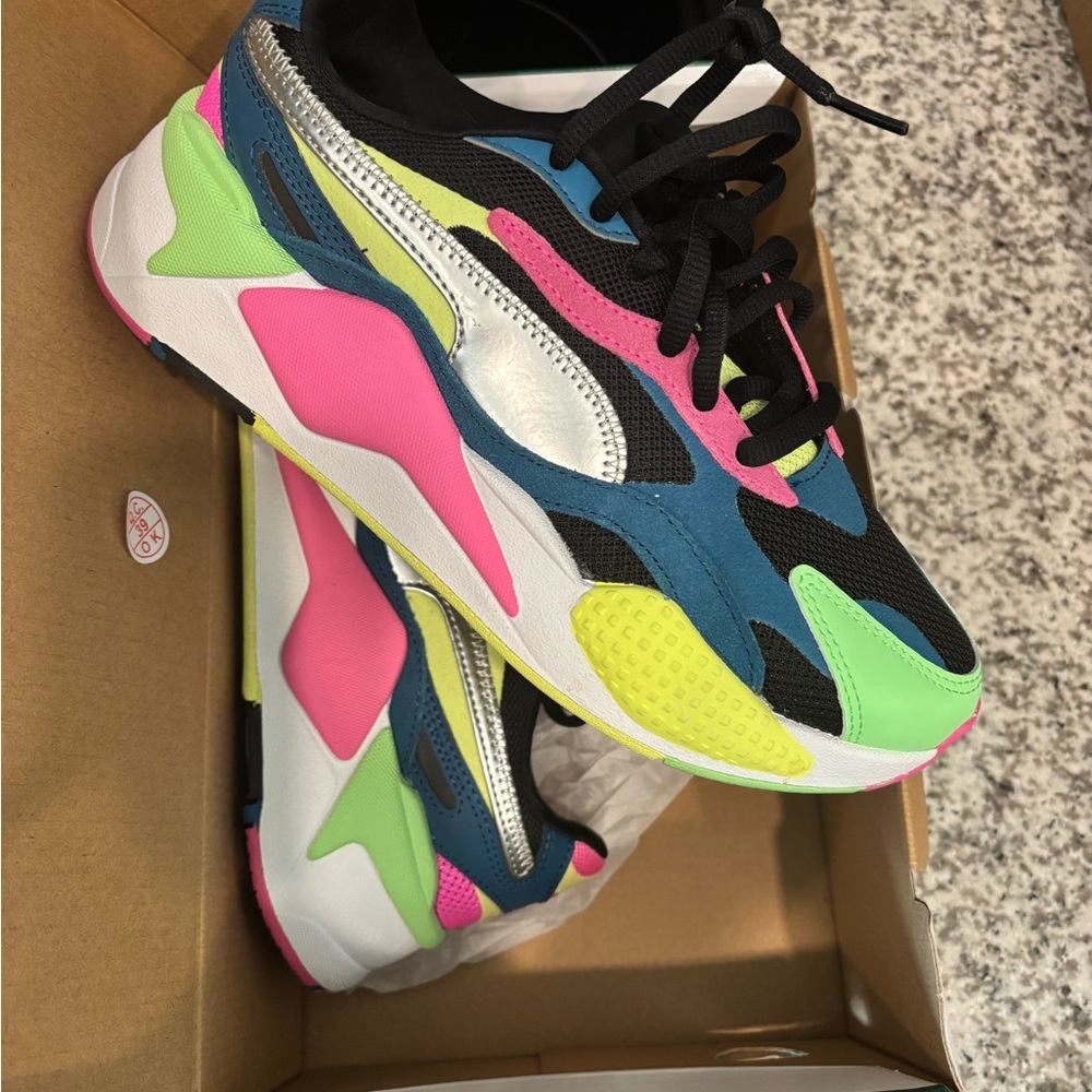 Puma Women's Black Sneakers with Neon Pink, Lime & Teal Accents